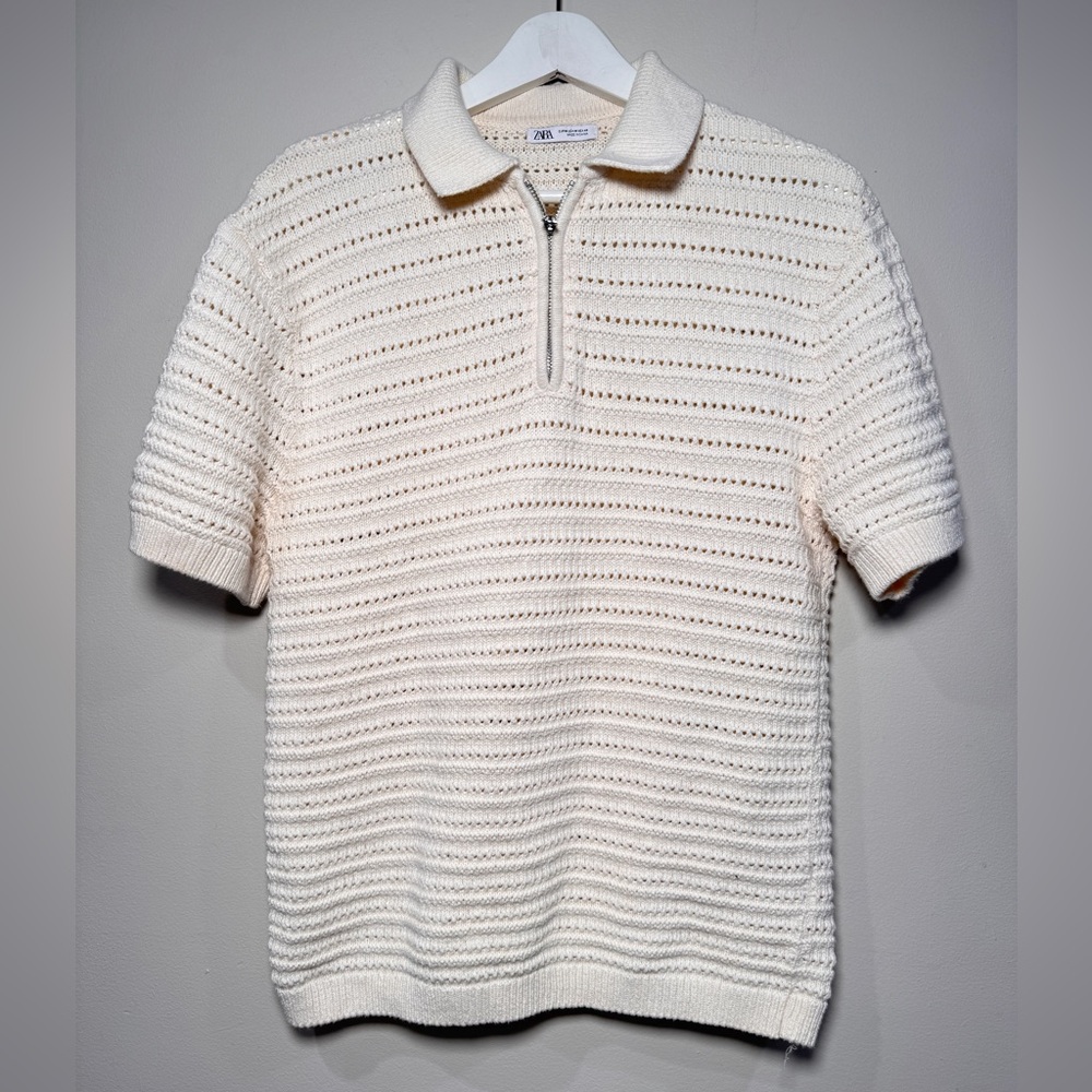 Zara Knit Polo Sweater Women’s Size Medium  | Cream Short Sleeve Quarter Zip